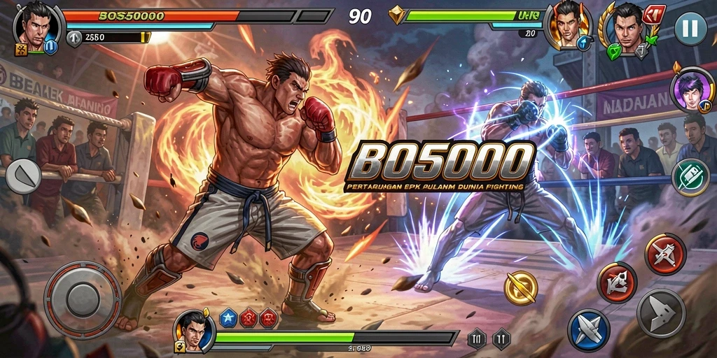Gameplay intens dalam BOS5000 dengan karakter bertarung di arena.