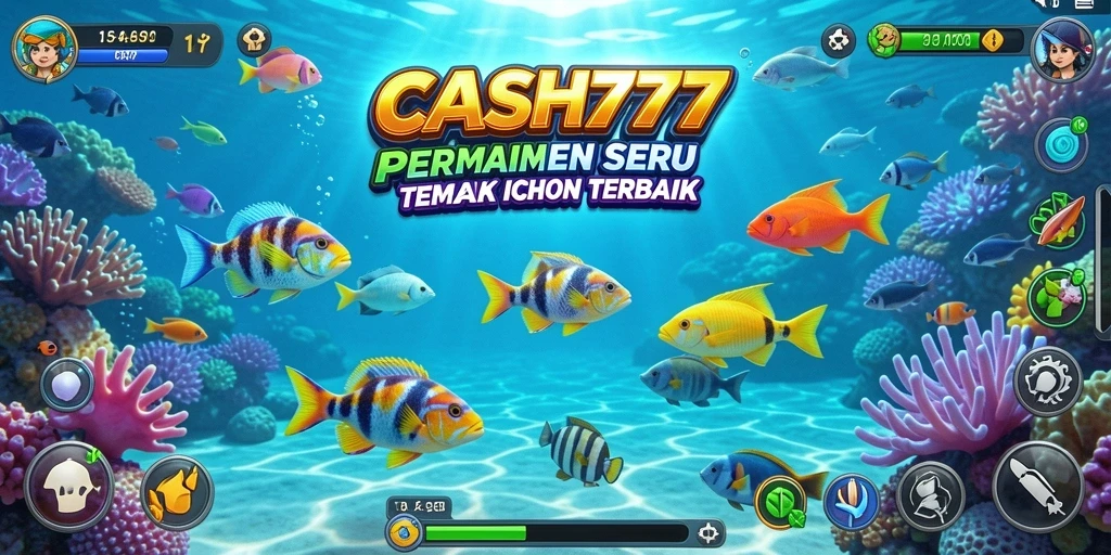 Tampilan gameplay CASH777 menampilkan aksi seru menangkap ikan berwarna-warni.