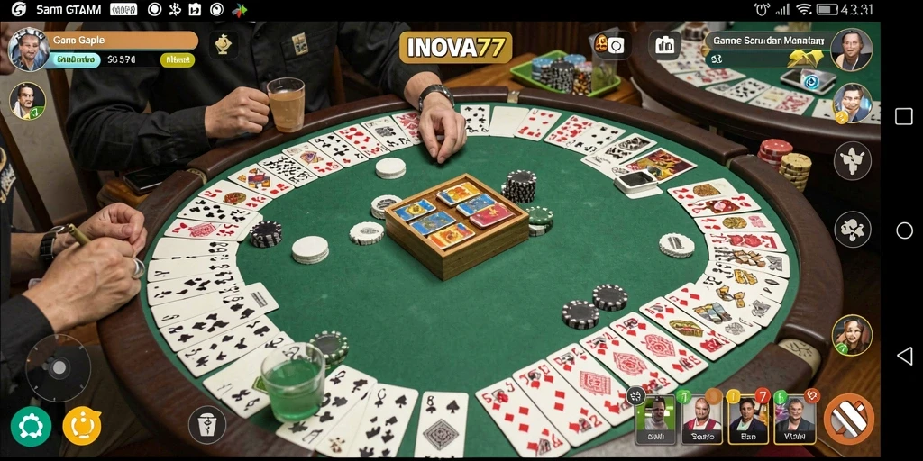 Screenshot utama INOVA77 menampilkan gameplay Gaple yang seru.