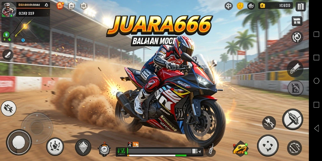 Tangkapan layar menunjukkan aksi balapan mendebarkan dalam JUARA666.