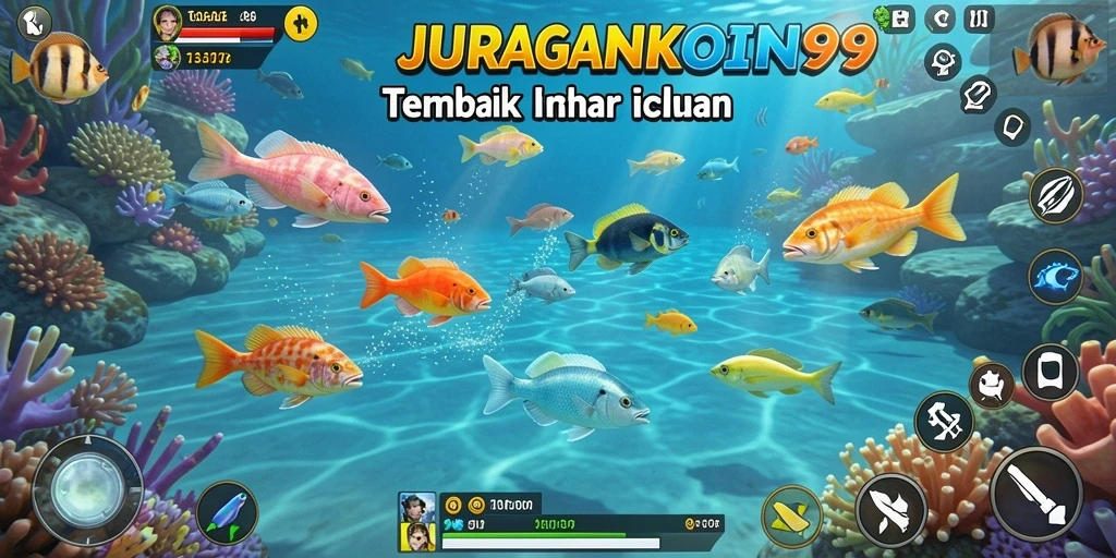 Tampilan gameplay JURAGANKOIN99 dengan tantangan menembak ikan.