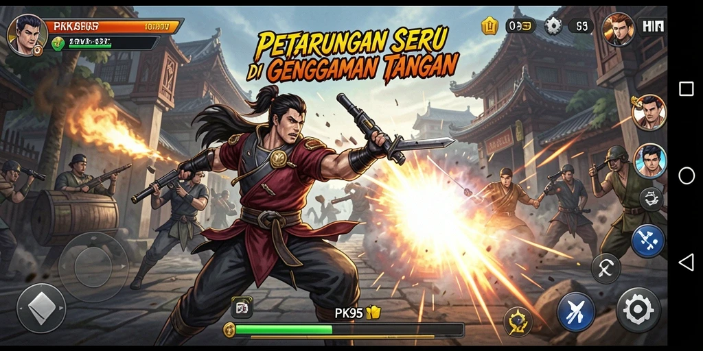Tampilan gameplay PK95 dengan pertarungan seru dan karakter menarik.