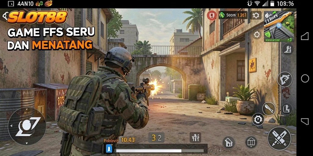 Screenshot gameplay SLOT88 menunjukkan aksi tembak-menembak yang mendebarkan.