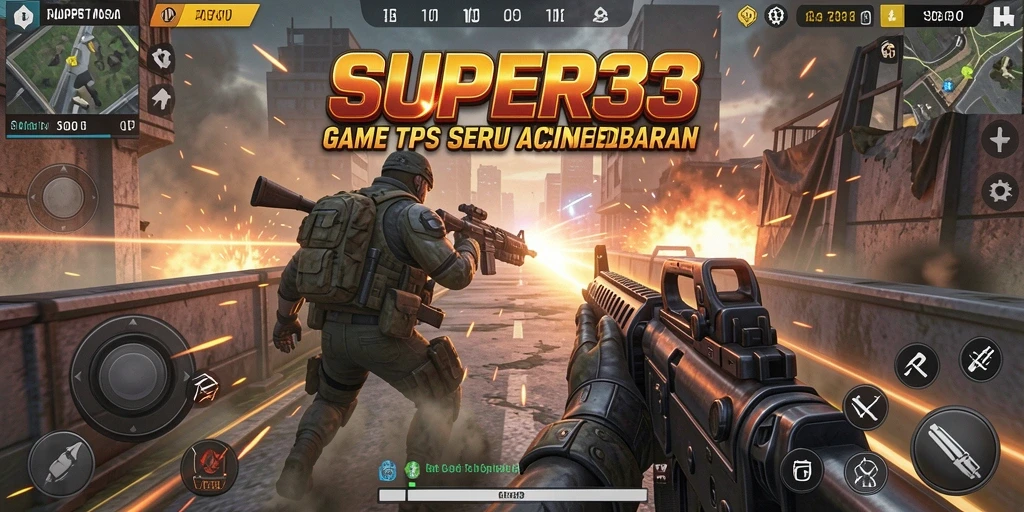 Screenshot gameplay SUPER33 dengan aksi tembak-menembak yang mendebarkan.
