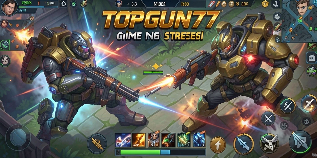 Screenshot utama <strong>TOPGUN77</strong> menampilkan pertempuran intens dari gameplay MOBA.